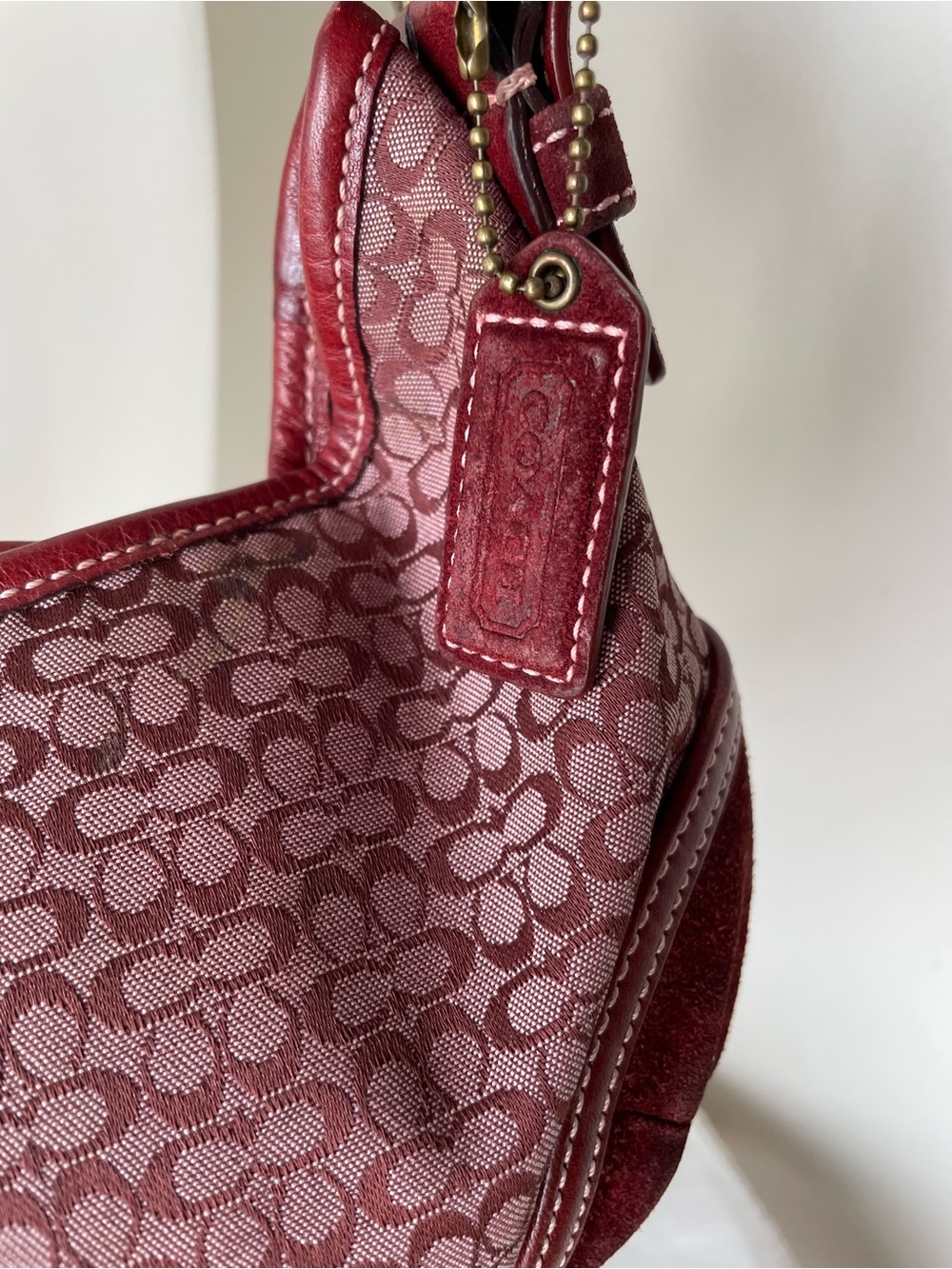 Vintage Coach Soho Mini Signature Hobo Bag Burgundy Canvas Suede Y2K 6351 - Picture 3 of 14